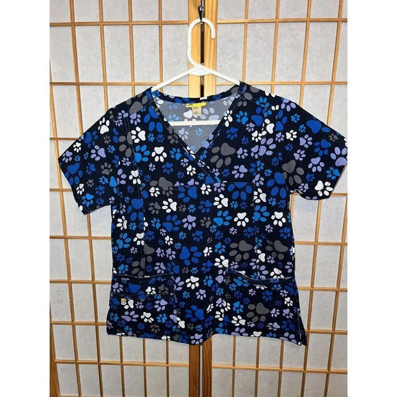 Wonder Wink Women's Size S Small Paw Prints Pet Paws Blue Stretch Scrub Top - Picture 1 of 9